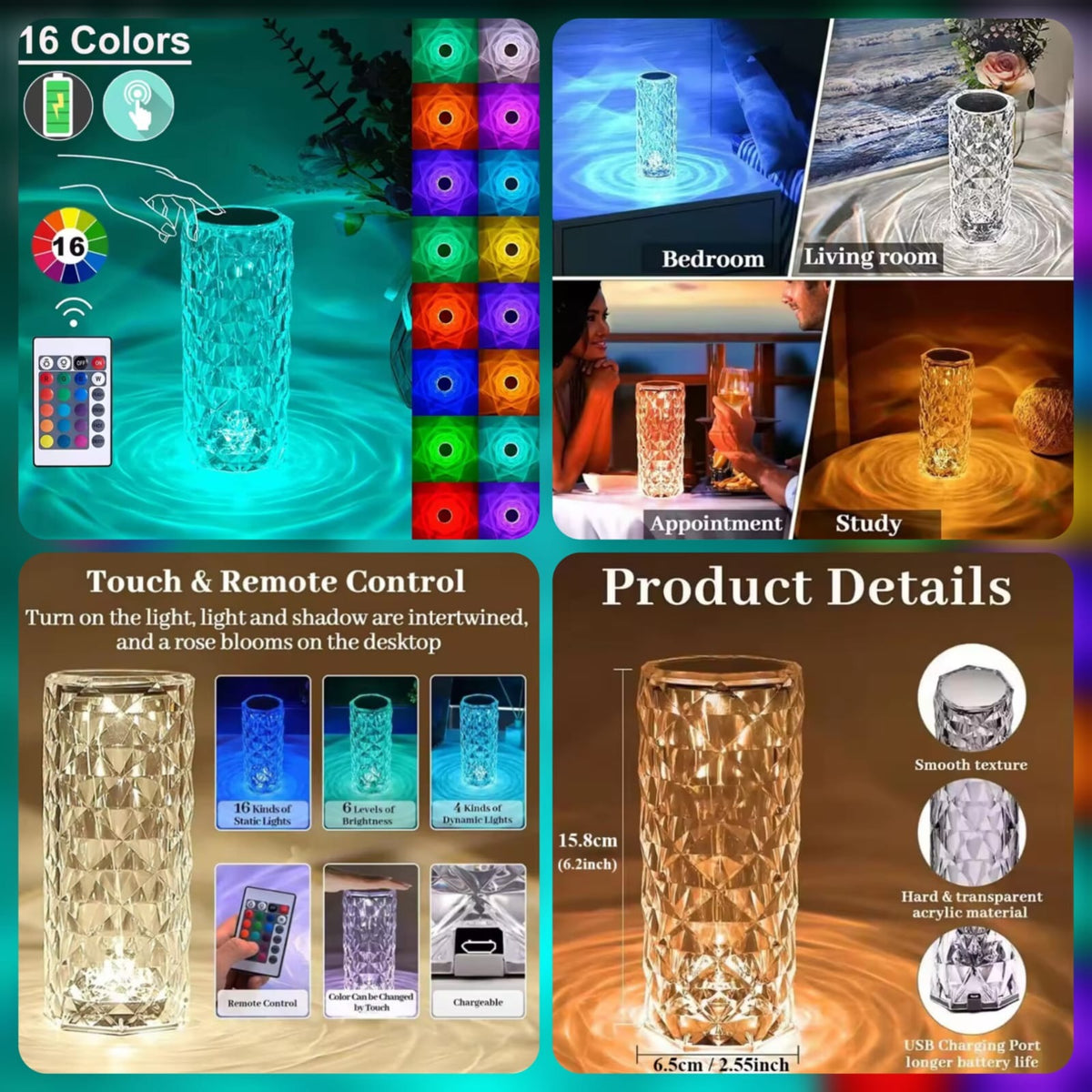 Crystal LED Table Lamp with Remote Control – 16 Color RGB Decorative Night Light