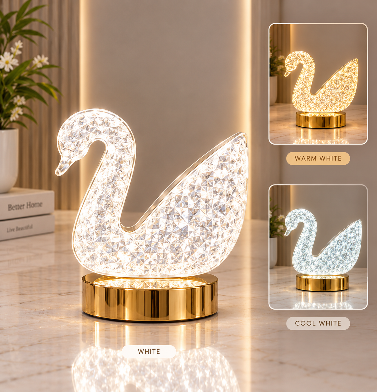 3D Crystal Swan LED Light Lamp – 3 Color Changing Decorative Light