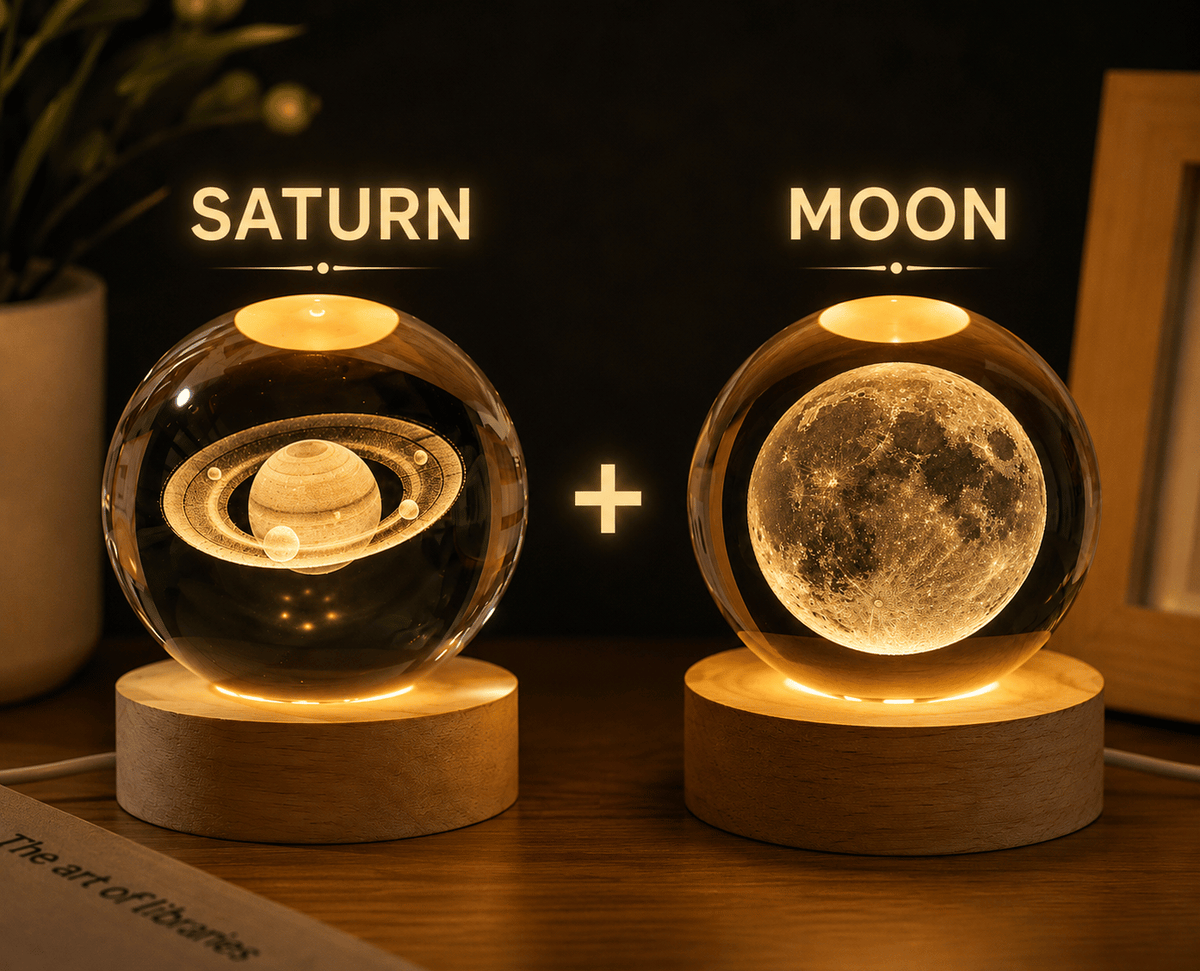 3D Saturn Crystal Ball LED Light Lamp + 3D Moon Crystal Ball LED Light Lamp
